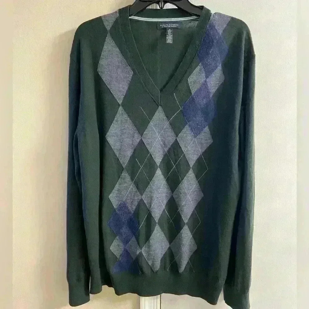 Banana Republic sweater men v neck pullover argyle extra‎ fine merino wool XL